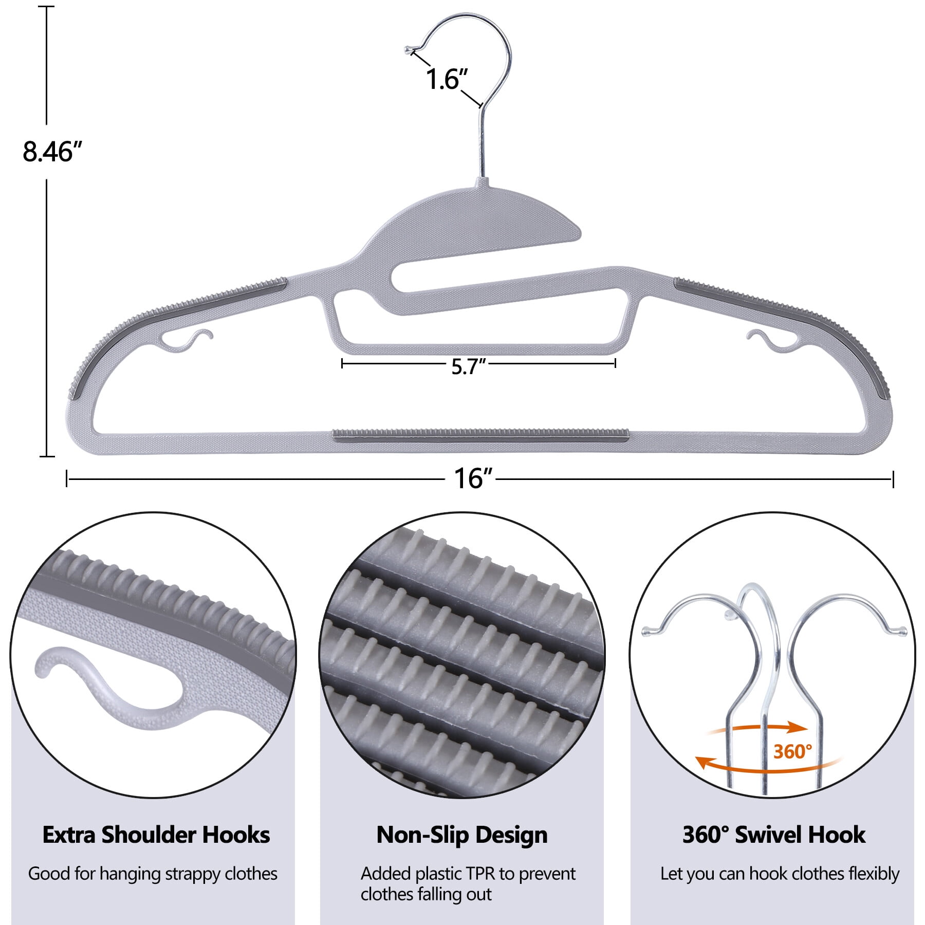 HomGarden 50 Pack Plastic Hangers Non-Slip Adult Clothes Hanger S-Shaped 360° Swivel Gray