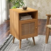 Tolead Rattan Nightstand with Charging Station, Boho Side Table with Handmade Rattan Decorated Door, Bedroom, Living Room, Natural