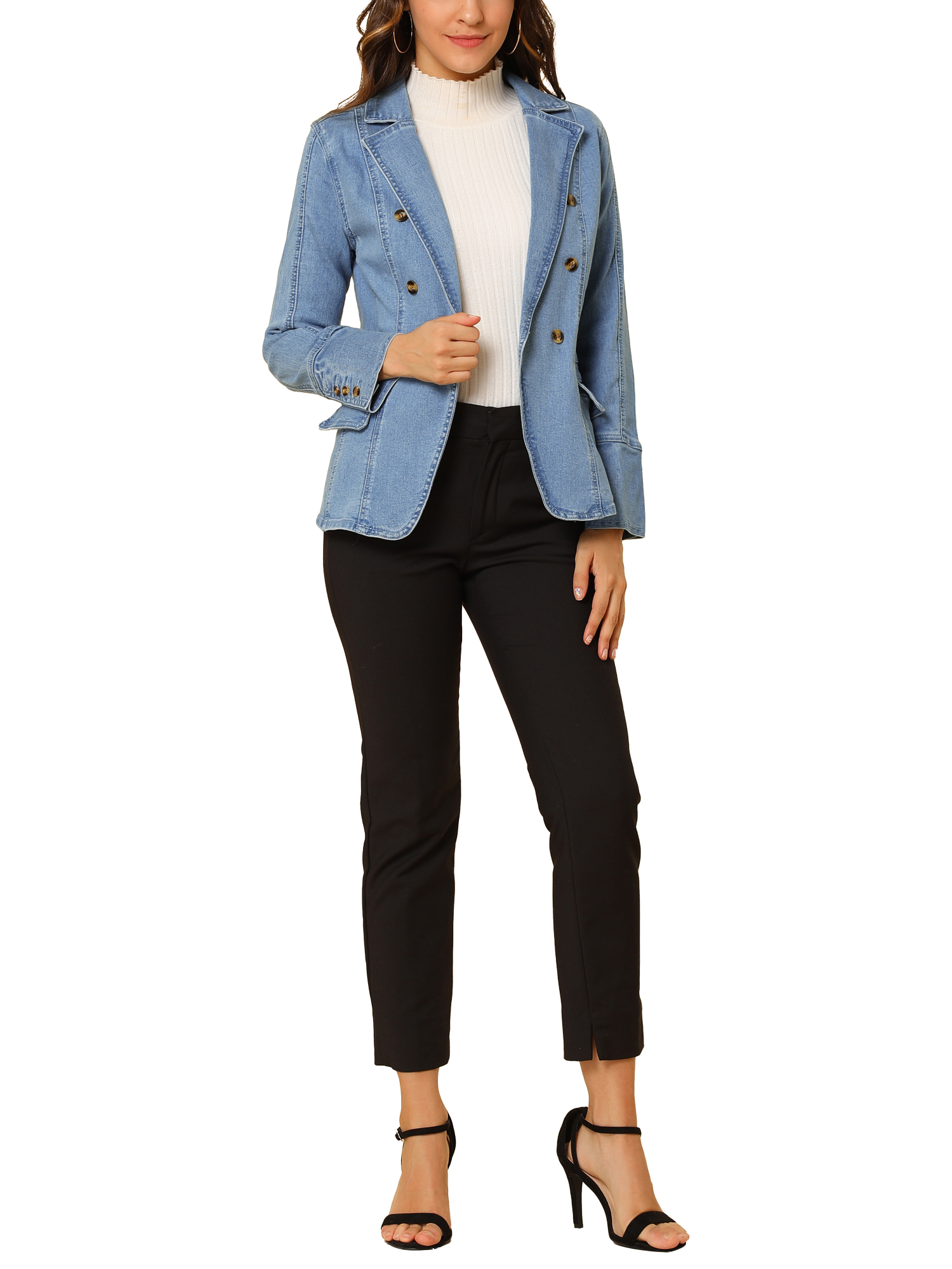 DARING DIVA Women's Lapel Jeans Blazer Denim Jacket W Pockets M Baby Blue