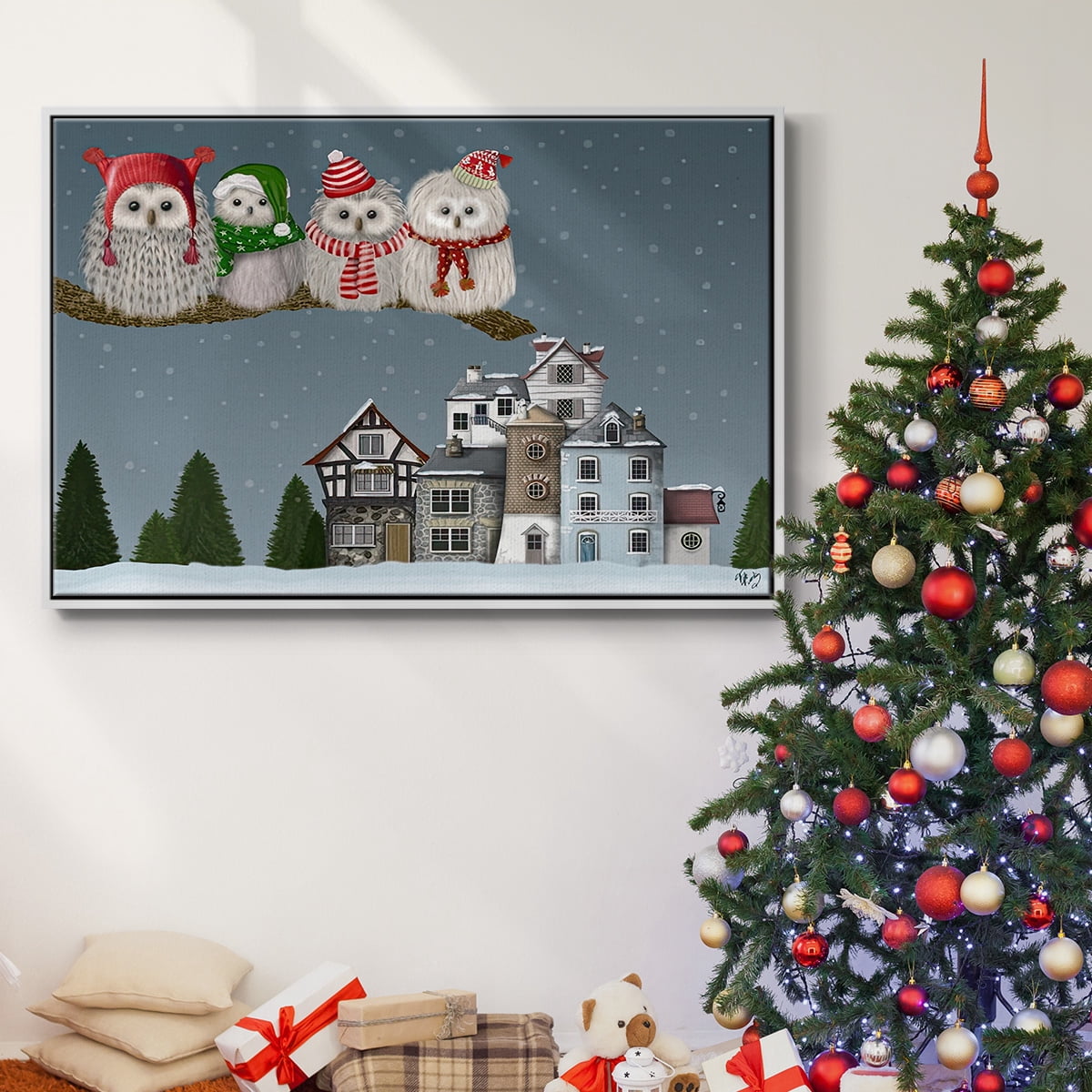 Christmas Christmas Owl Village - Framed Gallery Wrapped Holiday Canvas - 25 x 37 - White Frame