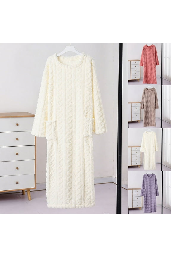Cable Knitted Long Robes for Women Casual Crew Neck Housecoat Winter Warm Pajamas Bathrobe Dressing Gown Soft Pullover Sleepwear