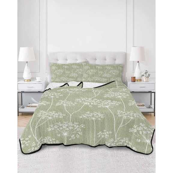 Twin Quilt Bedding Set Sage Green Dandelion Flower Summer Quilt Lightweight Quilted Coverlet with 2 Pillow Shams, Country Plant 3-Piece Bedspread Quilt Set for All Season