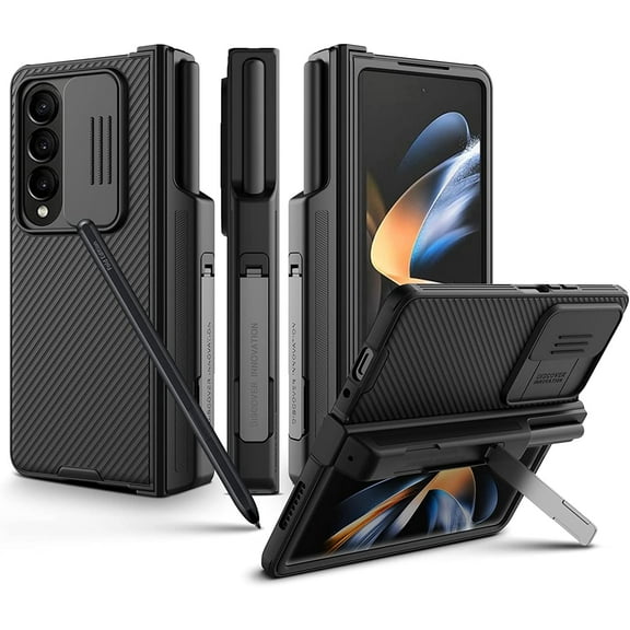 Samsung Galaxy Z Fold 4 Case with S Pen Holder & Hinge Protection [Hidden Kickstand] [Slide Camera Cover]  Pro Slim Protective Case for Galaxy Z Fold 4 - Black