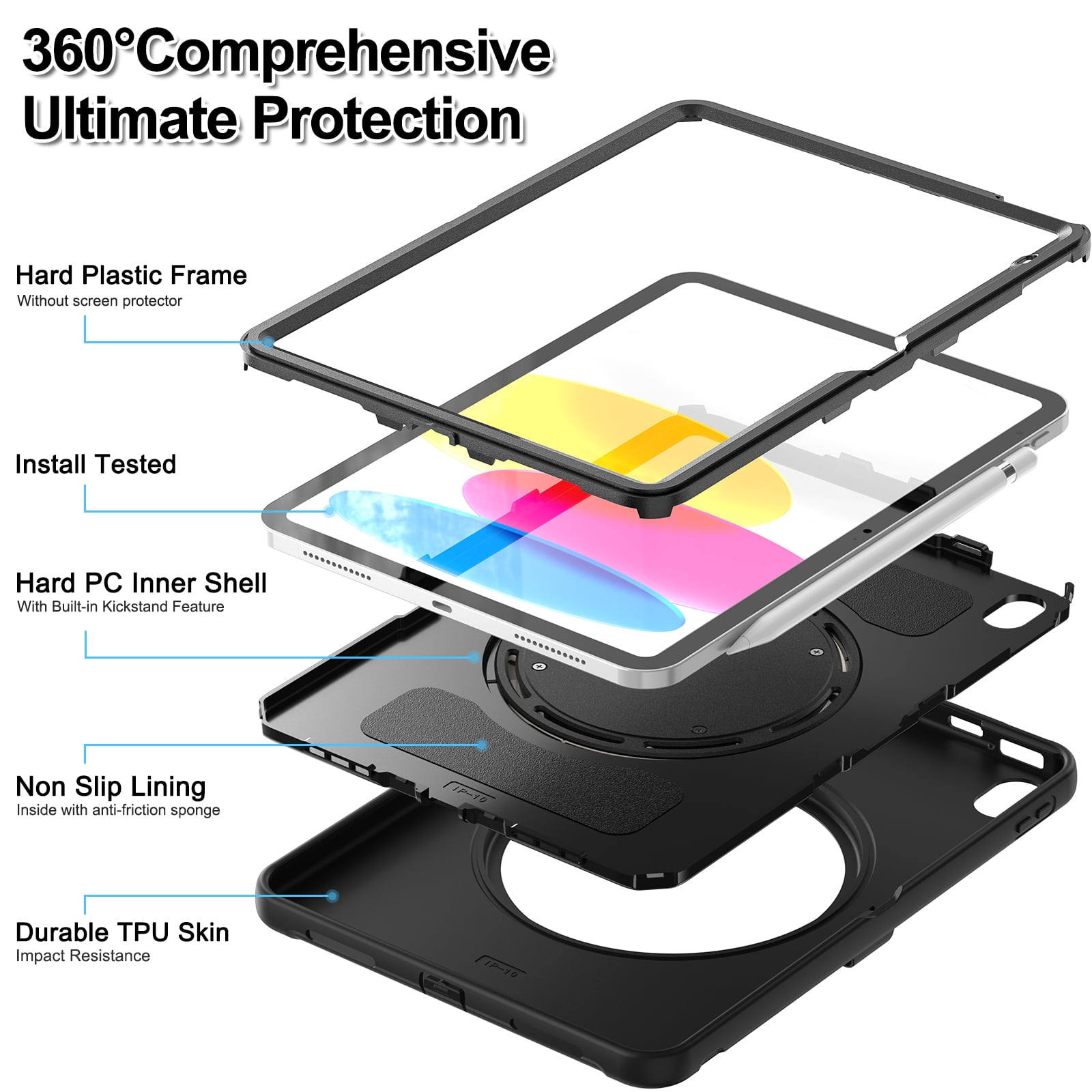 Dteck Case for iPad 10th Generation 10.9 inch 2022 with Hand Grip, Portable Carrying Rugged Shockproof Cover with Rotatable Stand Pencil Holder for Apple iPad 10th Gen,Black
