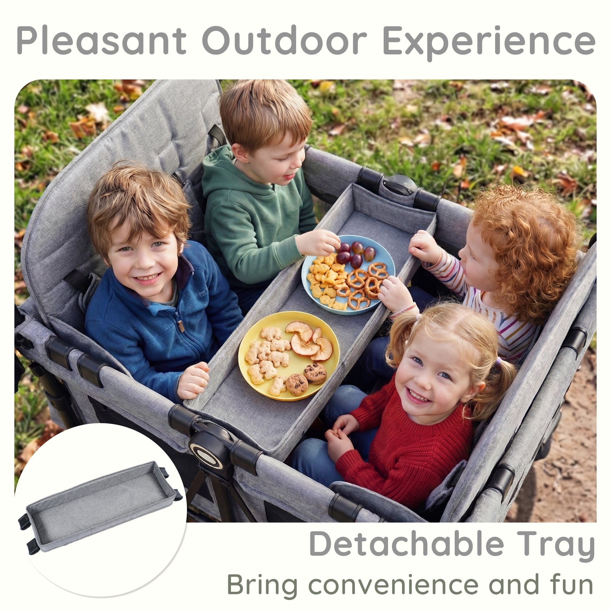 LINLUX Wagon Stroller for 4 Kids, Stroller Wagon 4 Seats w/Adjustable Handle, Detachable Tray, Gray