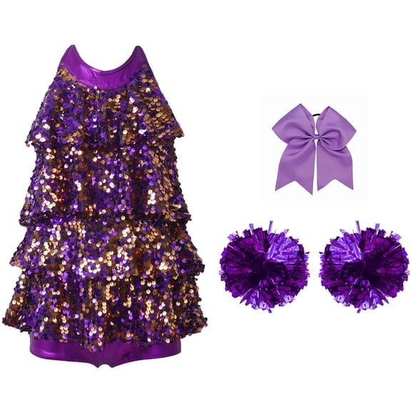 TiaoBug Kids Girls Cheer Dance Performance Costume Shiny Sequins Halter Ballet Dance Leotard Dress Purple 8