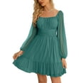thumbnail image 1 of Vestido Wenrine Mesh de manga larga con cuello cuadrado en una línea verde para mujer, 1 of 6