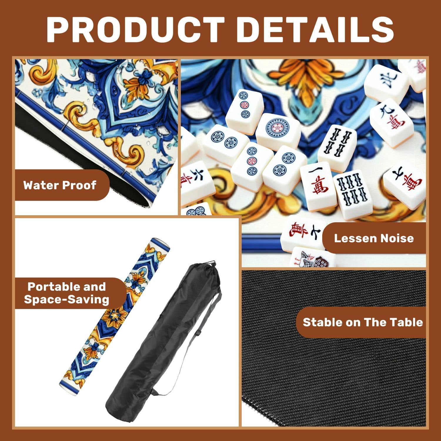 Mahjong Mat 31.5" x 31.5" Blue Yellow Floral Ornamental Tile Vintage Design Non-Slip Noise Reduction Mahjong Tiles Table Cover for Dominoes Poker Card Board and Tile Games