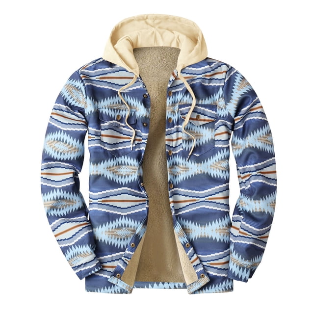 RKSTN Mens Winter Jacket Thick Quilted Plaid Printed Jacket Hooded Warm Drawsting Cotton-padded Buttons Fleece Jacket