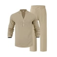 thumbnail image 3 of RUTAYY Men's Outfits Casual Loose Fit Solid Color V-Neck Long Sleeve Shirt and Pants Daily Wear Breathable Travel Vacation Clothing Sets, 3 of 4
