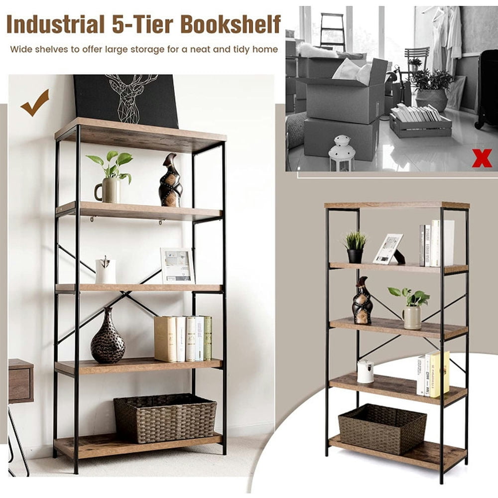 Demi Bonn 4-Tier Multipurpose Open Bookshelf, Industrial Rack Wide Standing Storage Shelf Bookcase, Brown