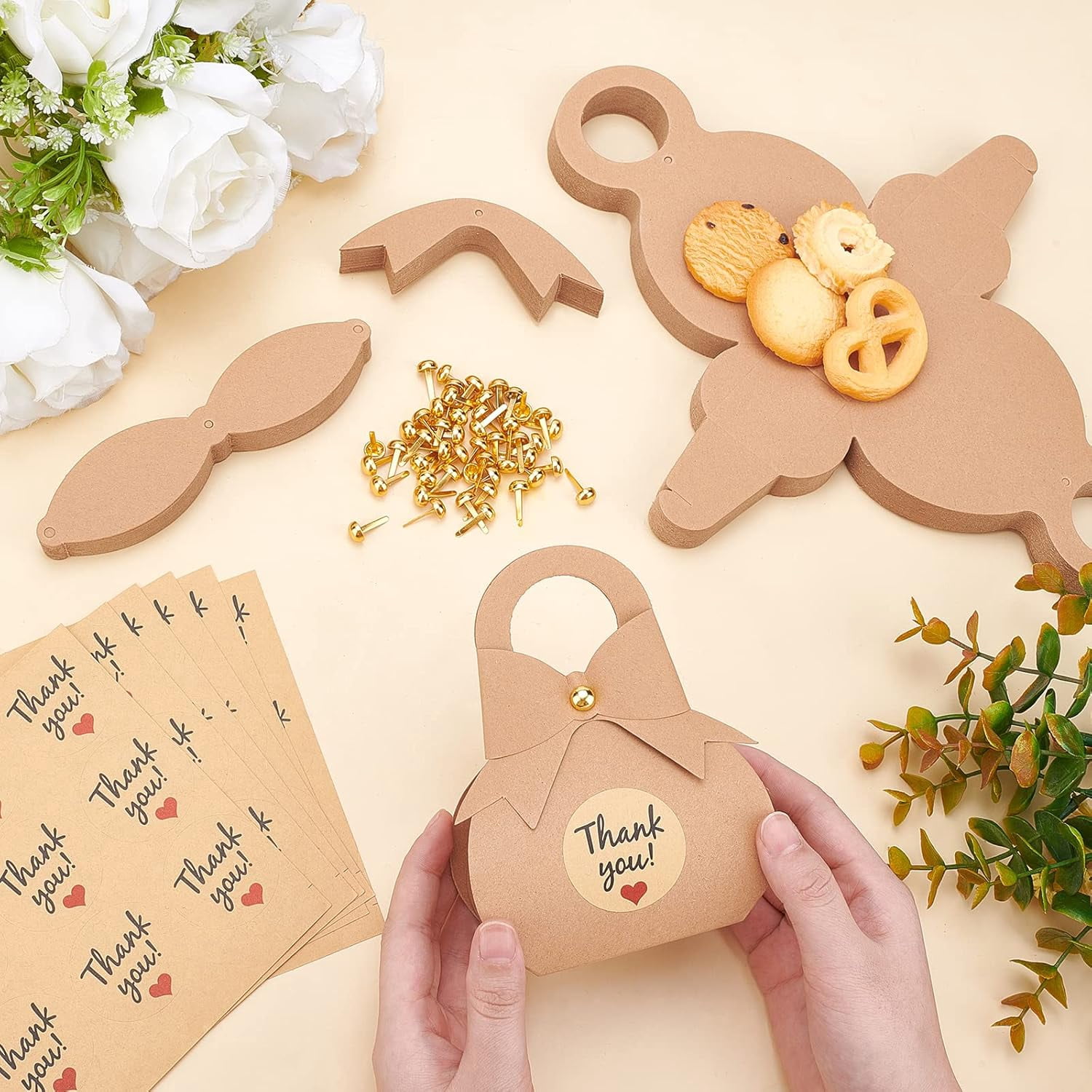 50 Packs Bowknot Favor Boxes Kraft Package Box Thank You Favor Boxes With Stickers Treat Paper Boxes for Wedding Birthday Bridal Shower Baptism 3.5x6.5x13cm /1.3x2.6x5.1 inch
