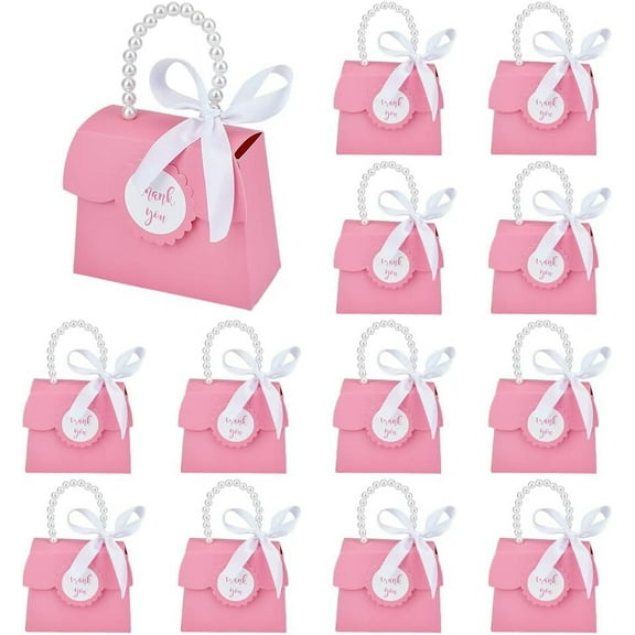 16 Sets Pink Wedding Favors Box DIY Set 7.8×5.3×2.2 inch Kraft Paper Box with Pearl Handle Ribbons Stickers Gift Boxes for Birthday Party Favor Boutique Wedding
