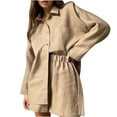 thumbnail image 2 of Dazajoo Women 2 Piece Casual Tracksuit Outfit Sets Cotton Linen Long Sleeve Button Down Shirt and High Waisted Shorts,Khaki,XL, 2 of 6