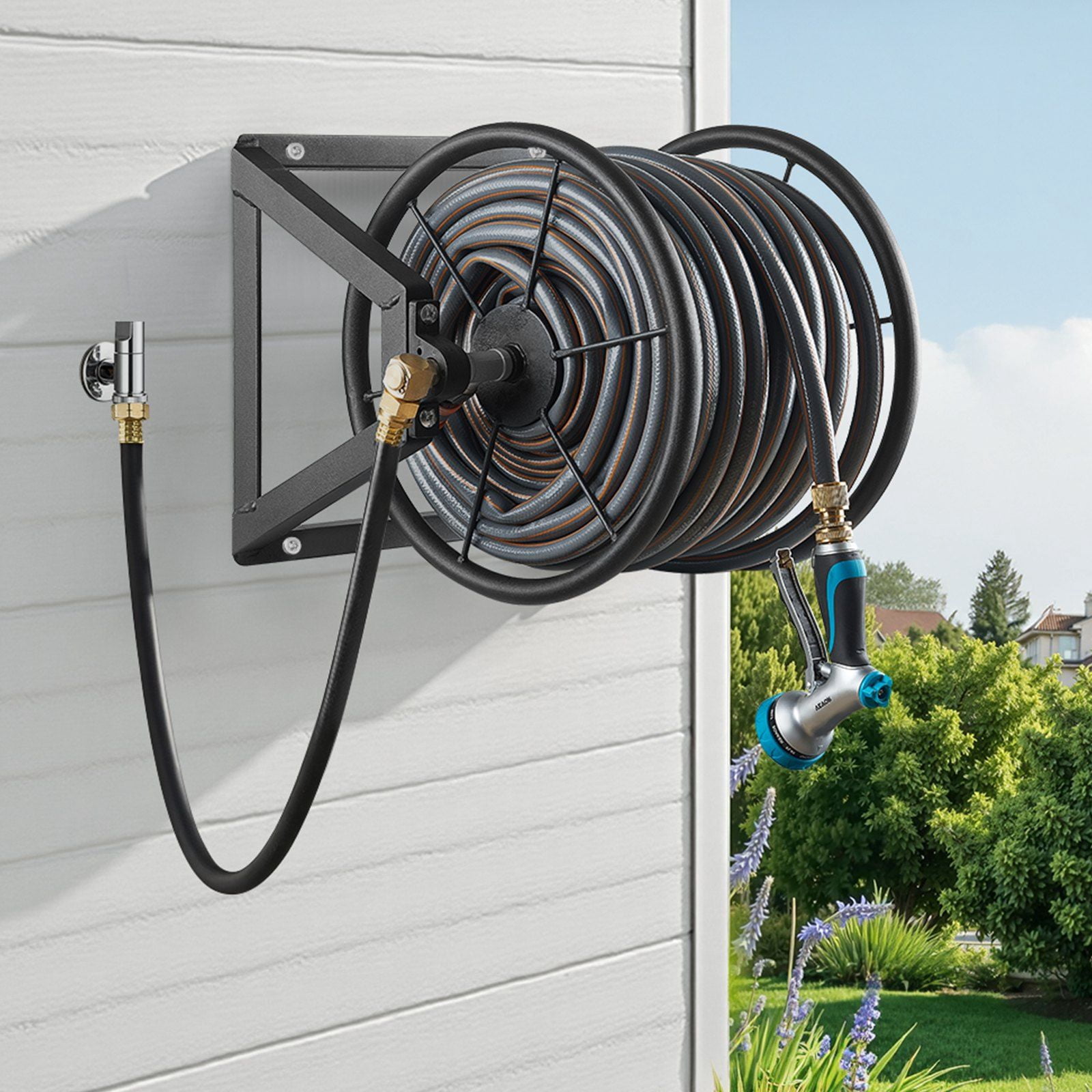 Wall Mounted Garden Hose Reel 200ft 5/8 in Manual Hose Winder Brass Fitting