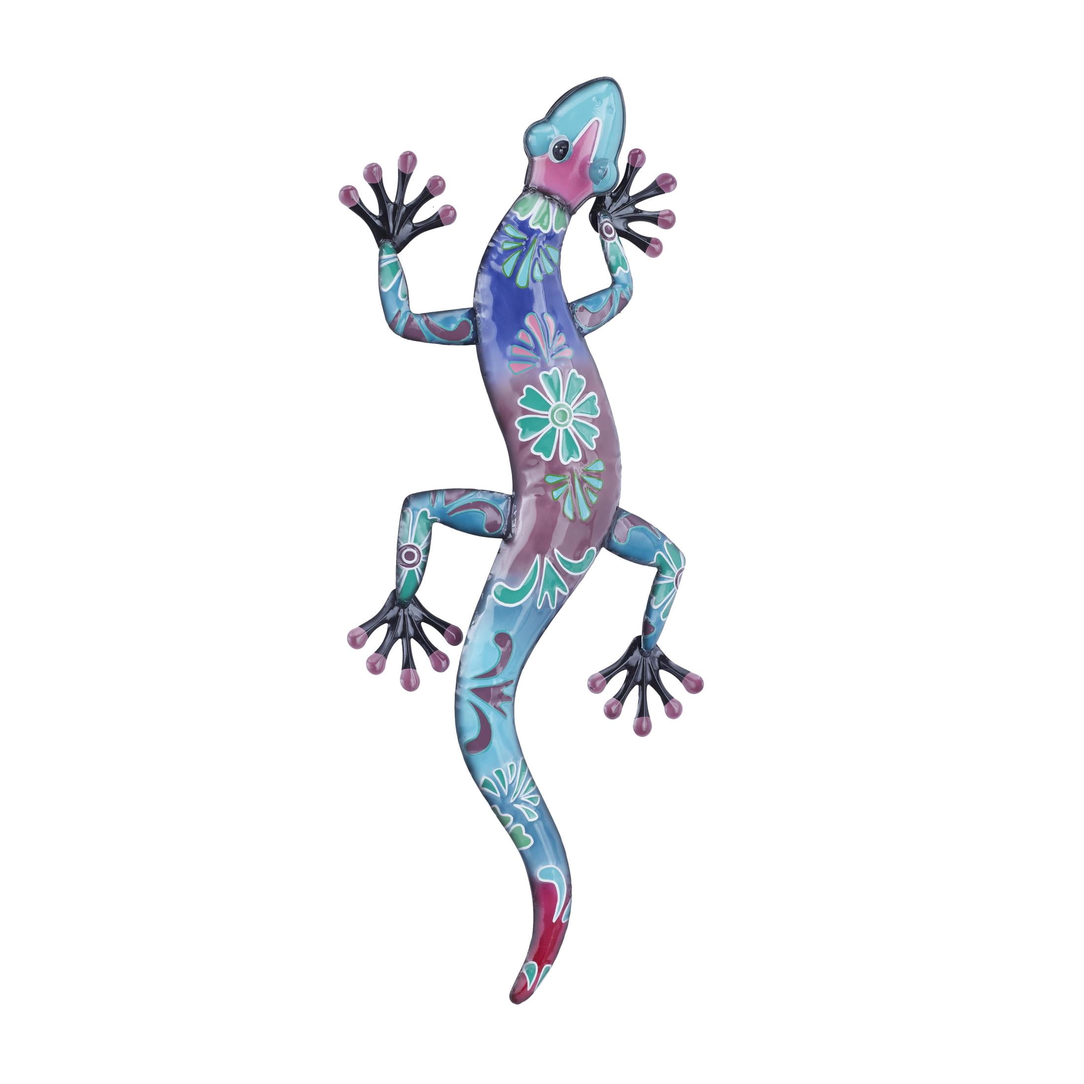 DecMode Blue Metal Indoor Outdoor Floral Patterned Lizard Wall Decor with Purple and Teal Accents