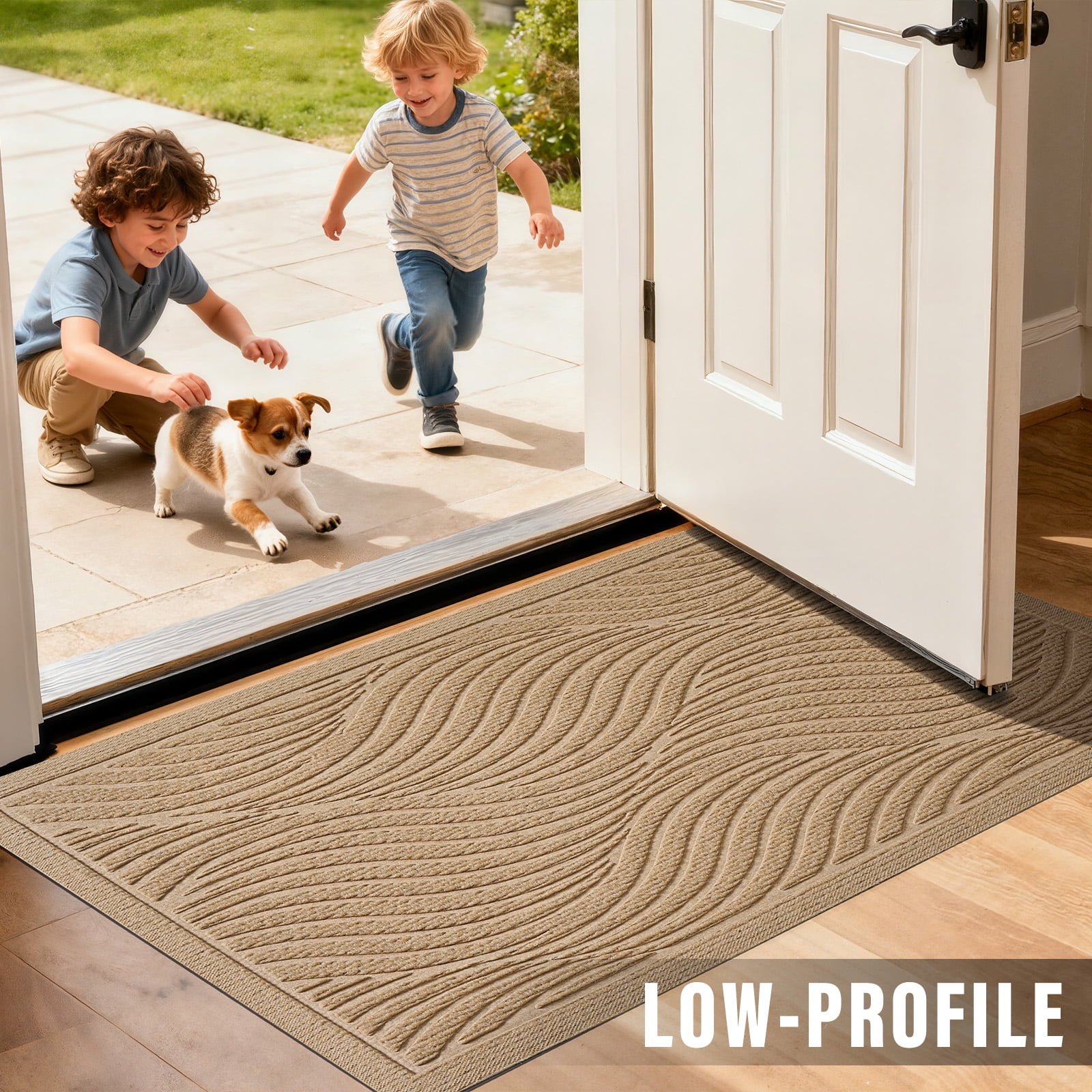 Front Doormat Non Slip Outdoor Mat 24"x36", Dirt Trapper TPE Welcome Mats Outdoor Indoor Rug, Durable Easy Clean Low Profile Doormat for Garage Entryway Patio High Traffic Areas,Beige