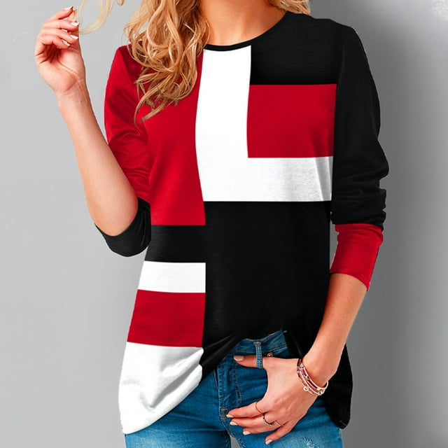 Meichang Chemises à Manches Longues pour Femmes Hauts Décontractés à Blocs de Couleur Pull Col Rond Confortable Chemisiers Graphiques Géométriques Élégants