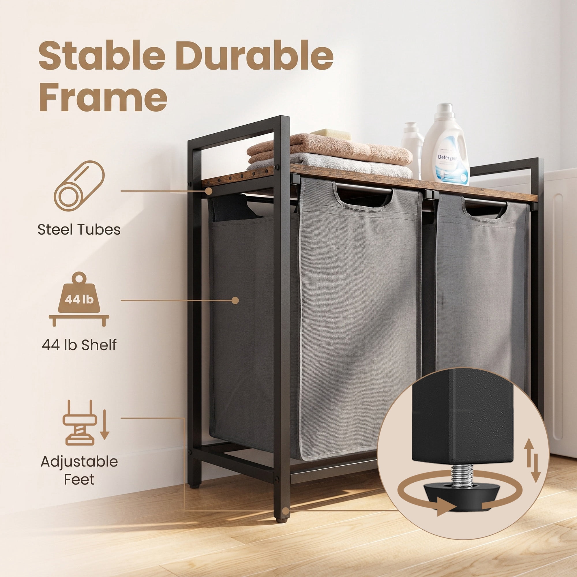 Ledrem Laundry Sorter Hamper with 2 Pull-Out Bags, Detergent Shelf, 2-Compartment, Rustic Brown/Gray