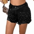 thumbnail image 2 of Women'S Rhinestone Denim Shorts Summer High Waist Frayed Raw Hem Jeans Shorts Black S, 2 of 9