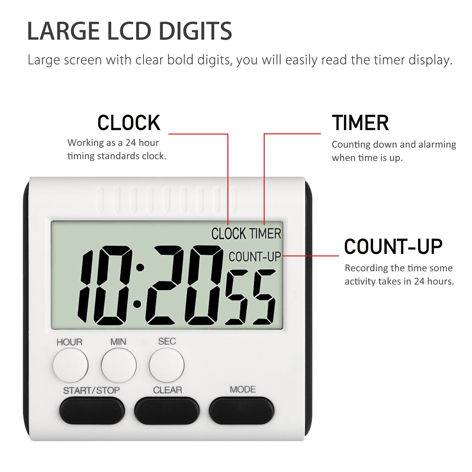 EEEkit Digital Kitchen Timer, Cooking Timer with Large Display Loud Alarm  Magnetic Back Retractable Stand