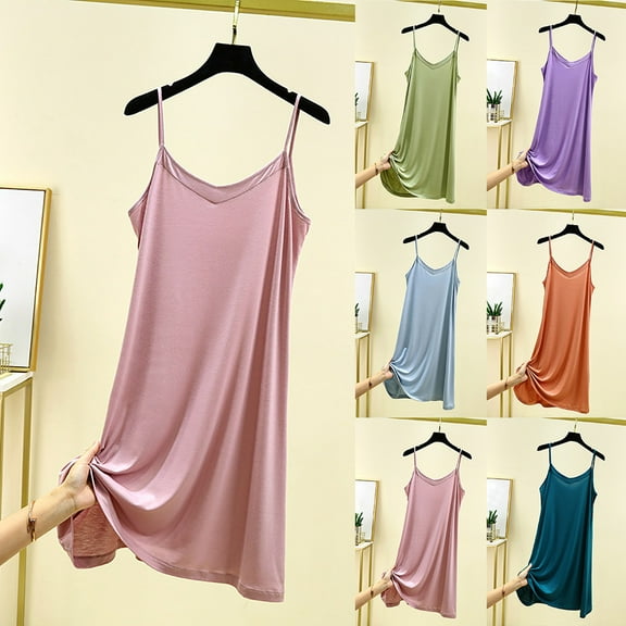 Aboser Womens Full Slip Nightdress Loungewear Cozy Sleeveless Modal Nightgown Casual V Neck Sleepshirt Solid Color Long Sleep Dress Loose Fit Home Pajama Dresses