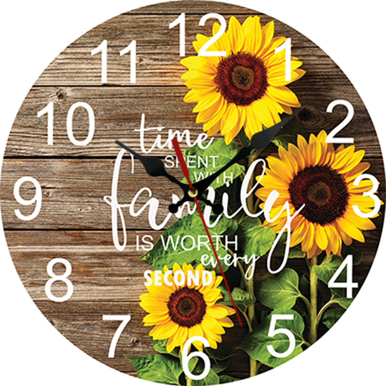 VOCOO 10'' Sunflower Round Wall Clocks, Wooden Silent Non Ticking