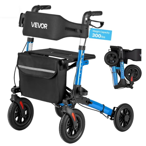 VEVOR Rollator Walker with Seat for Seniors, Ultra Compact 3-Fold Rolling Walker, Lightweight Aluminum Mobility Walking Aid with PU Solid Wheels, Adjustable Handle, Cup & Cane Holder- Supports 300LBS