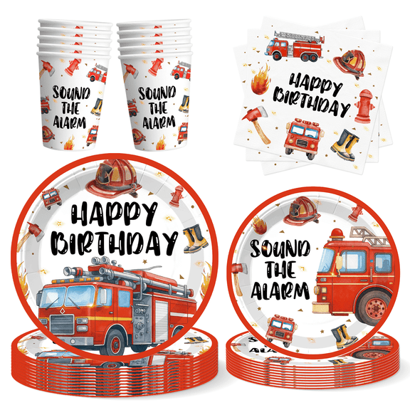 Morabloomy Red Fire Truck Birthday Party Supplies Paper Plates Cups Napkins Set