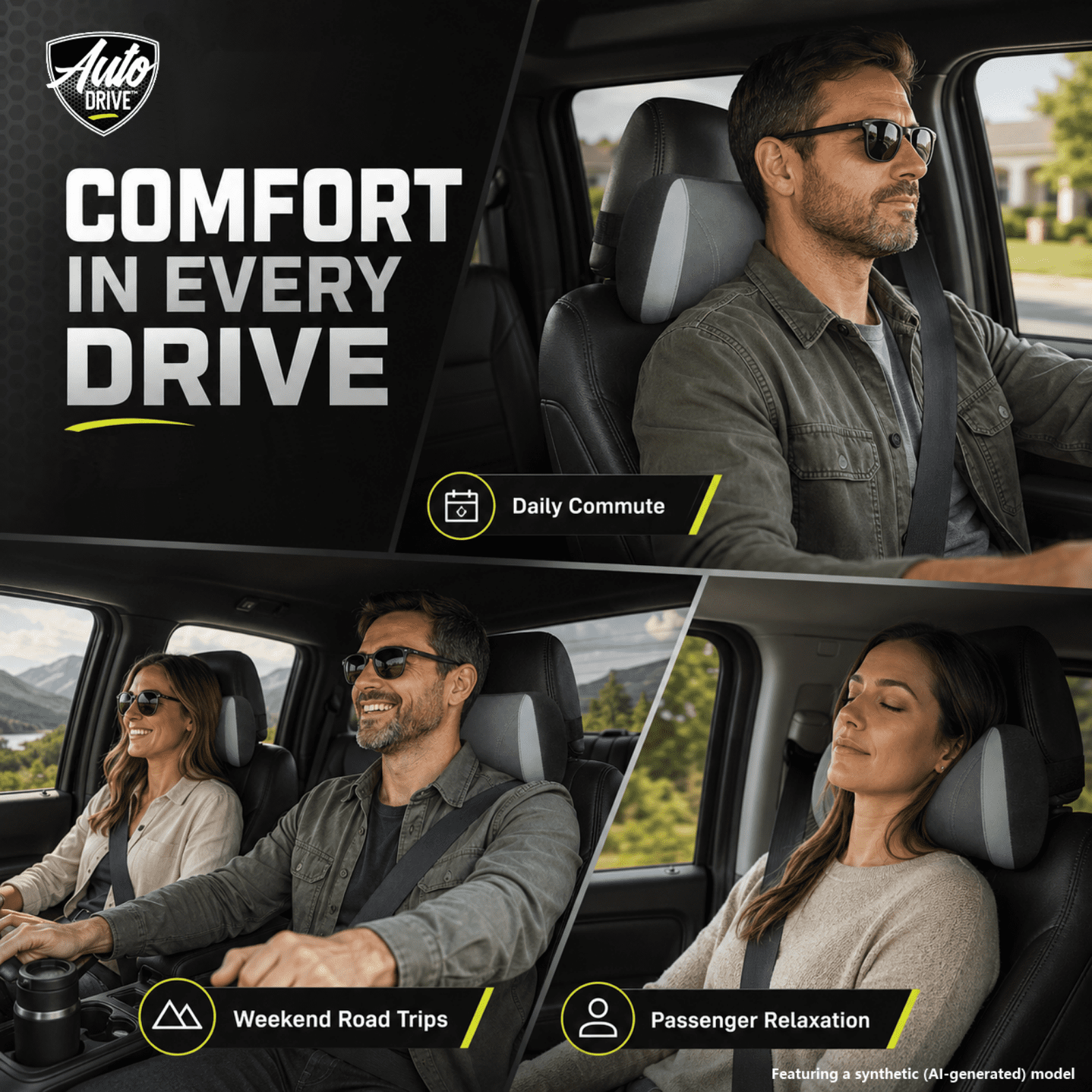 Auto Drive Waterproof Headrest Pillow, Comfortable Car Neck Support Cushion, Ergonomic Headrest Cushion for Driving, Non-Slip Car Seat Neck Pillow, Universal Fit, Black&Gray