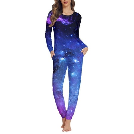 

NETILGEN Starry Sky Print Multi-Seasons Sleepwear Sets for Women 2 Pcs Long Sleeve & Round Neck Sleepwear for Women Nightgown Pjs for Women Summer & Winter