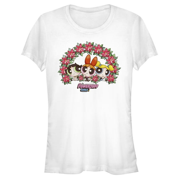 Junior's The Powerpuff Girls Christmas Poinsettia Wreath Graphic Tee White Medium