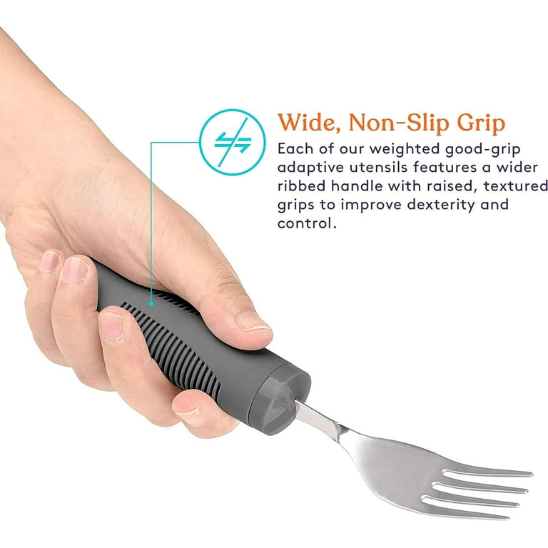 Adaptive Utensil Set - Arthritis Aid Silverware for Parkinsons, Hand  Tremors - Easy Grip for Shaking and Trembling Hands - Heavy Stainless Steel  Spoon, Fork, Serrated Knife - Non Weighted Holder 