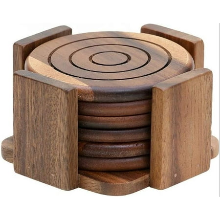 

6 Piece Round Acacia Wood Coaster Sets - Unique Rustic Wood Coasters for Drinks - Drink Cup Coaster Set - Absorbent Coasters with Holder for Coffee Table