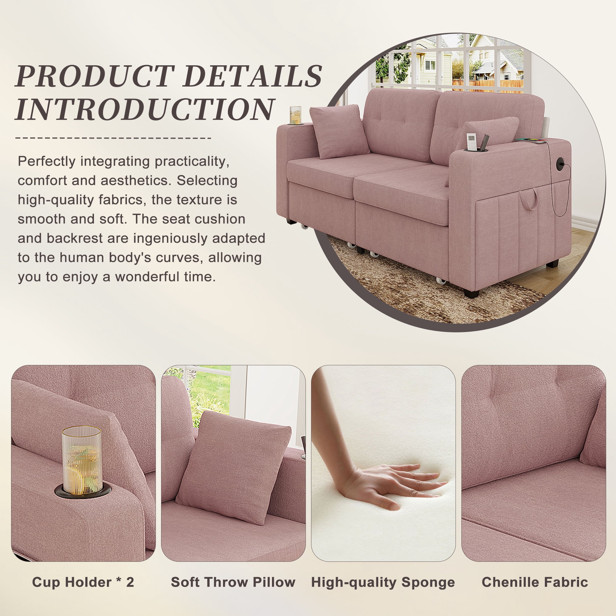 MOONMISS 68" Chenille 3 Seater Sofa Deep Seats,Wood Frame with Storage,USB Charging and Cup Holder,Pink