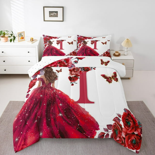 Erosebridal Ensembles de Literie Romantiques Monogrammés I Simple avec Couette, Ensemble de Couette Simple Princesse de Rêve, Insert de Couette Réversible Rose Rouge, Déco de Chambre Respirante, 2 Pcs