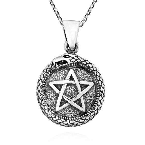 Mystical & Ancient Ouroboros Symbol with Pentagram .925 Sterling Silver Necklace