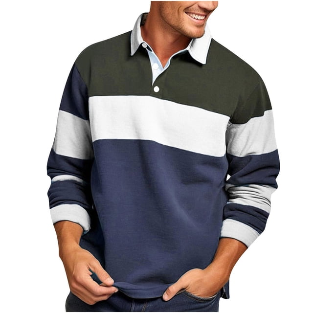 Fengqque Men's Color Block Striped Print Long Sleeve Shirt Tops Button Down Collared Shirt Golf Casual Shirts Tops Navy M(M)