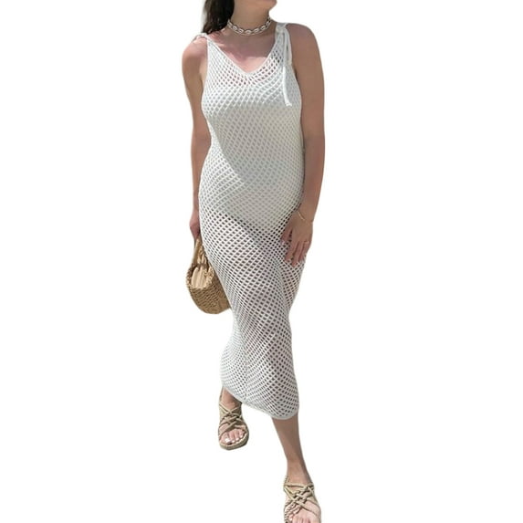 Coduop Women Crochet Cover Up Backless Maxi Dress,Long Fishnet Knitted Bikini Coverup Tank Dresses