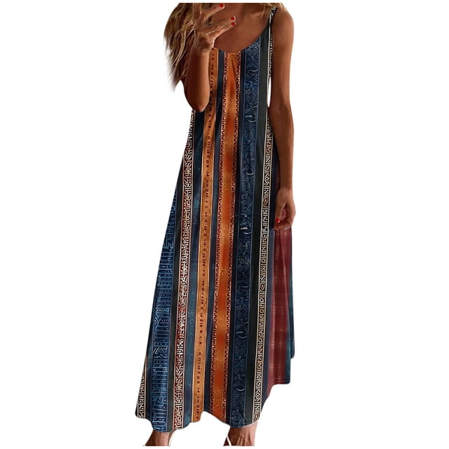 Vestidos de Verano con Cuello en V para las Mujeres 2025 Imprimir Vestido de Cuello Redondo sin Mangas Vestidos Largos Casuales, Ligeros Y de Moda