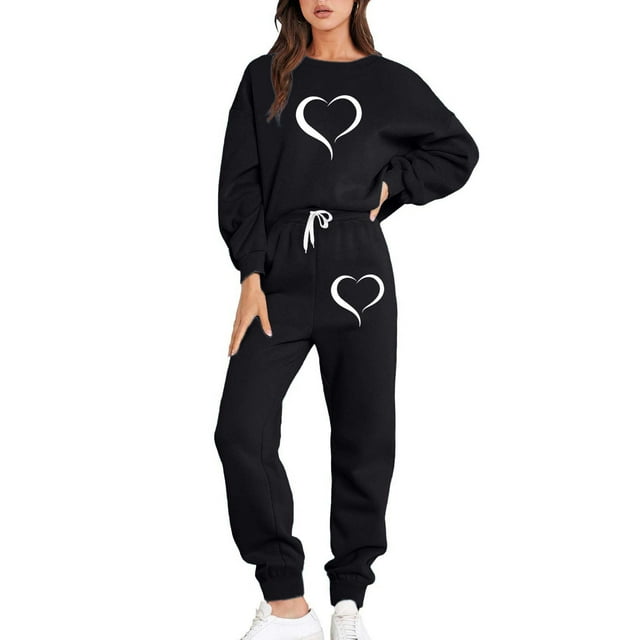 Yuyuzo 2 Pièces Tenues pour les Femmes Coeur Graphique Pull Manches Longues Tops et Pantalons de Jogging Cordon