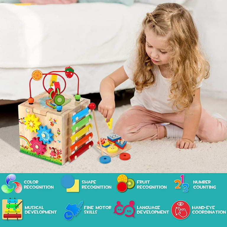 WOODMAM Juguetes Montessori Educativos, 8 en 1 Cubo de Habilidades Motoras  de Madera para Bebés Juguetes para Apilar y Encajar con Ábaco Xilófono