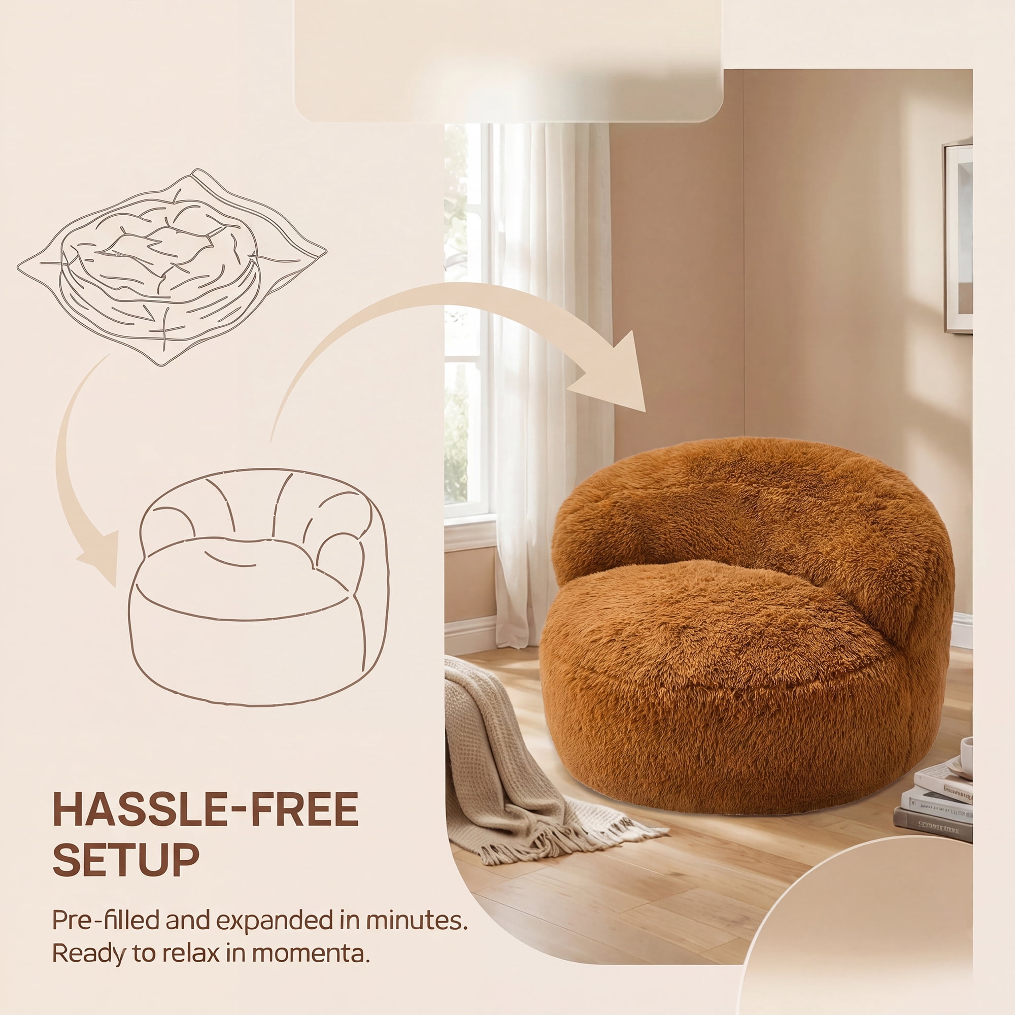 Fulsmile Bean Bag Chair Large Plush Chairs for Adults Giant Beanbag Chair Bean Bag Sofa with Stuffed Memory Foam Oversized Bean Lounger Chair for Reading Gaming Relaxing, Caramel