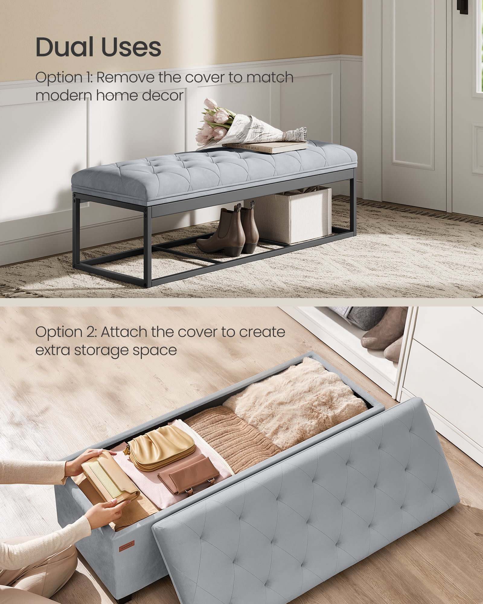 SONGMICS 43" Storage Ottoman Bench Foot Rest with Legs End of Bed Bench Storage Chest Load up to 660 lb for Living Room Bedroom Dove Gray