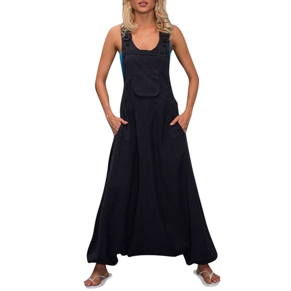 TrendOFT Summer Jumpsuit For Women Casual Solid Loose Fit Sleeveless Pockets Holiday Rompers For Women One Piece Overalls Black XL