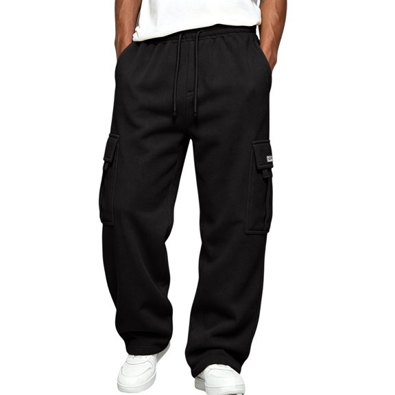 Mens Casual Cargo Pants Loose Fit Straight Leg Multi Pocket Drawstring Waist Utility Trousers for Daily Streetwear