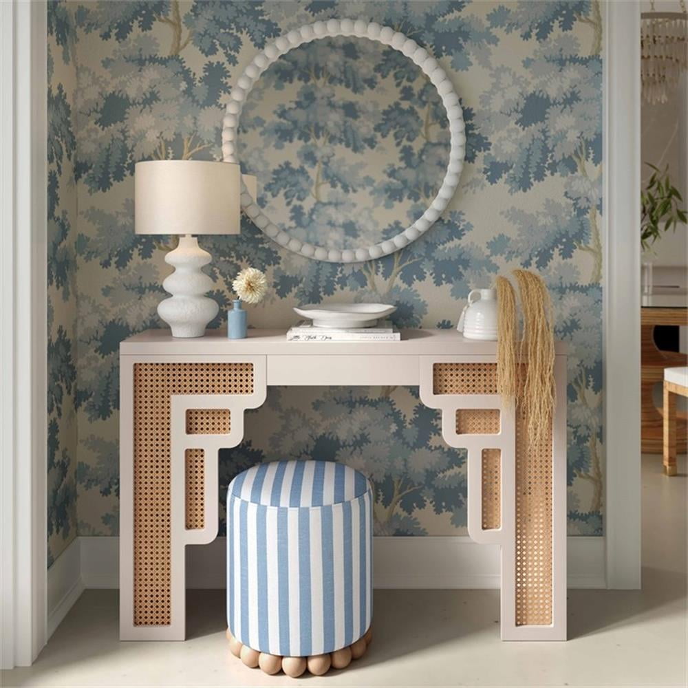 Maklaine Linen Pastel Blue Ottoman Circle Handmade Assembled
