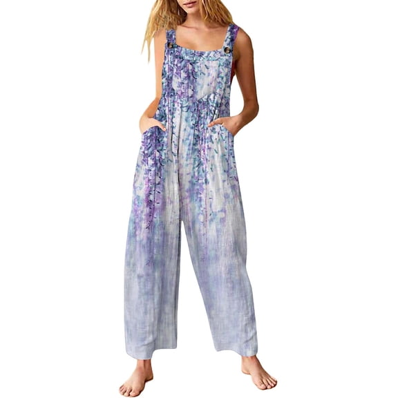 Soyumi Women's Jumpsuit, Cotton Linen Casual Wide Leg Romper Summer Loose Palazzo Pants Floral Printed with Pockets Beach Vacation Boho Fashion One Piece Jumpsuit, Blue