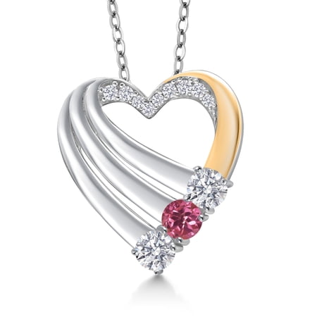 Gem Stone King 925 Silver and 10K Yellow Gold White Lab Grown Diamond and Pink Tourmaline Heart Pendant for Women | 0.89 Cttw | Gemstone April Birthstone | With 18 inch Chain