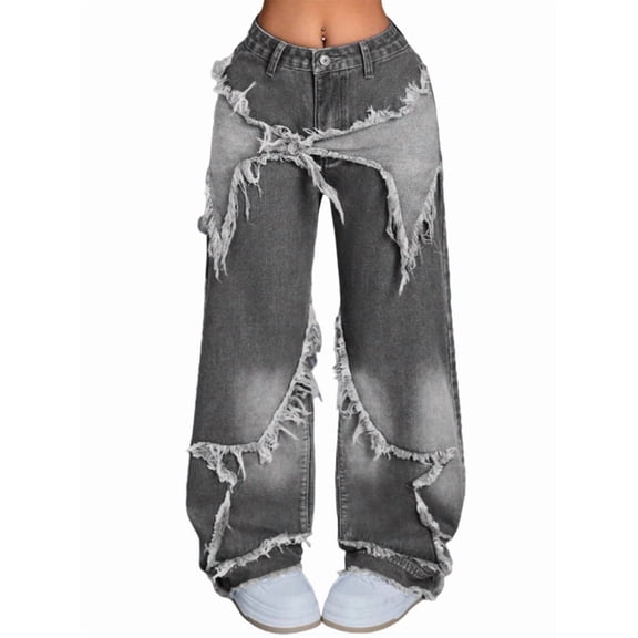 Women Y2K Baggy Jeans Girls Star Patchwork Wide Leg Raw Hem Denim Pants Hip Hop Streetwear Preppy Clothes Gray S